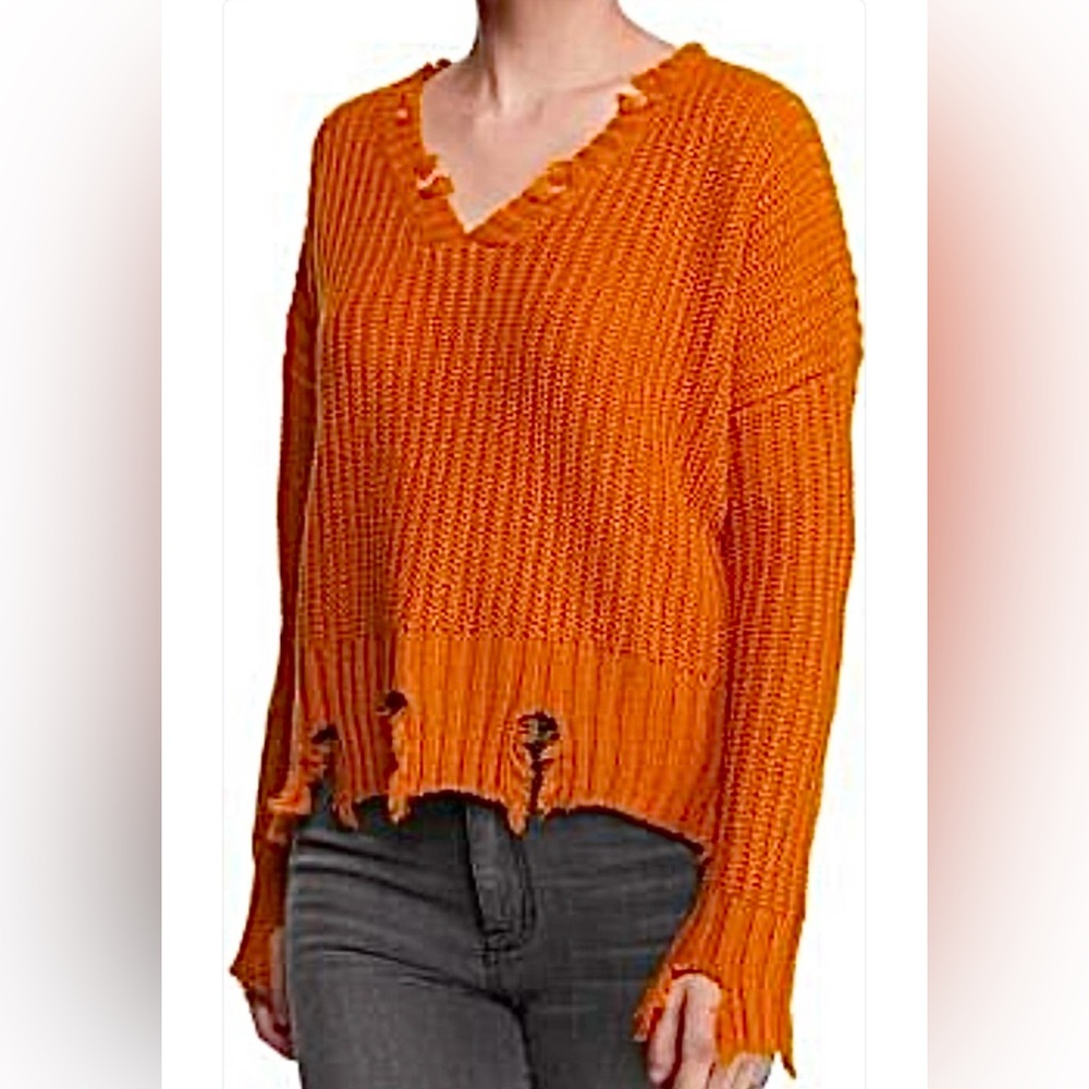 Juniors Distressed Burnt Orange V-Neck Frayed Hem Ribbed Boho Sweater Medium NWT
